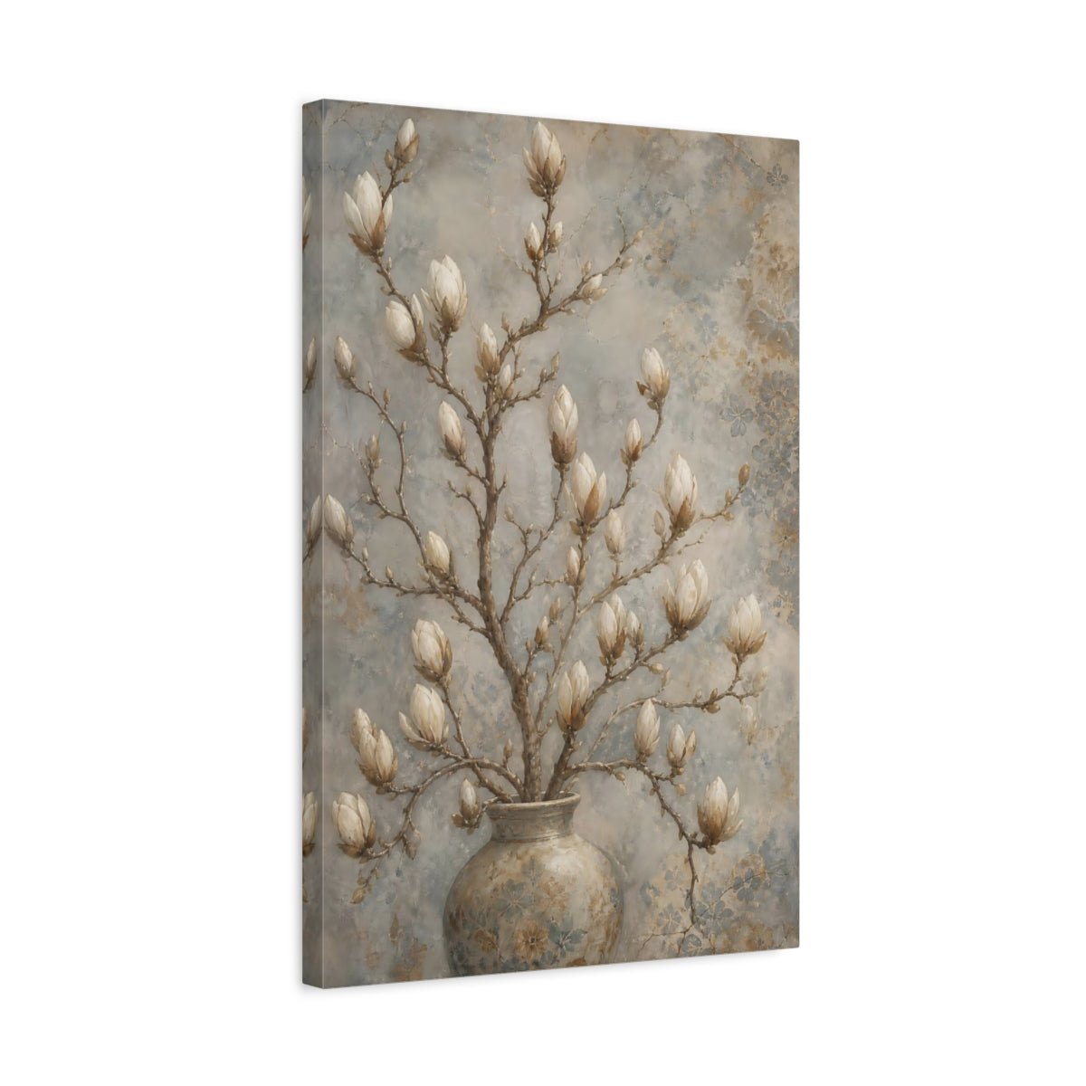 Floral Magnolia Buds Beige Canvas Print – Living Room, Large Wall - YesArtYes