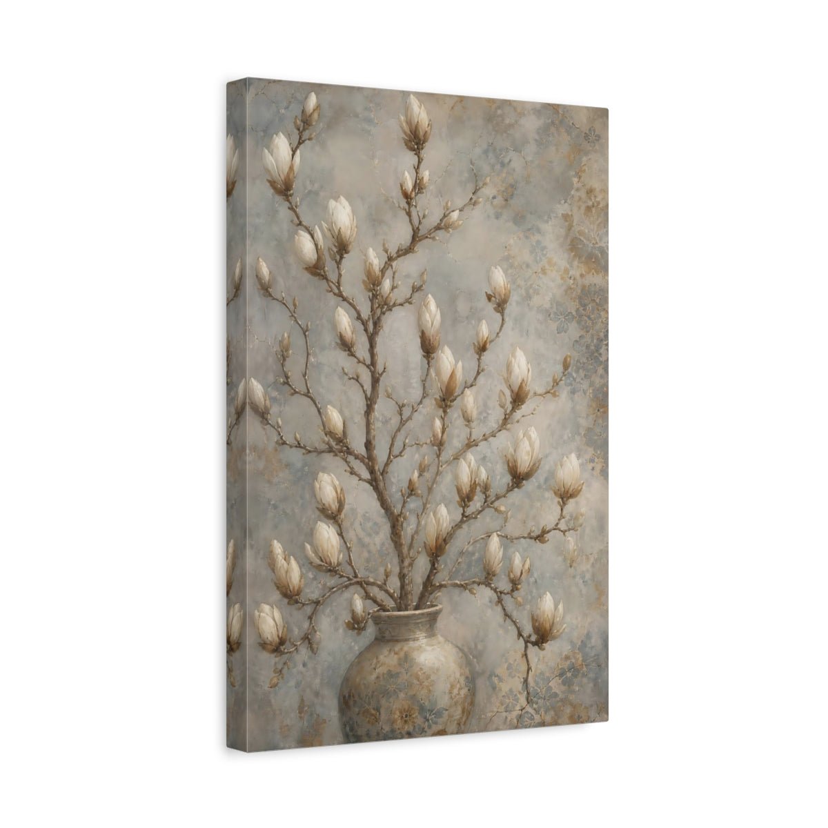 Floral Magnolia Buds Beige Canvas Print – Living Room, Large Wall - YesArtYes