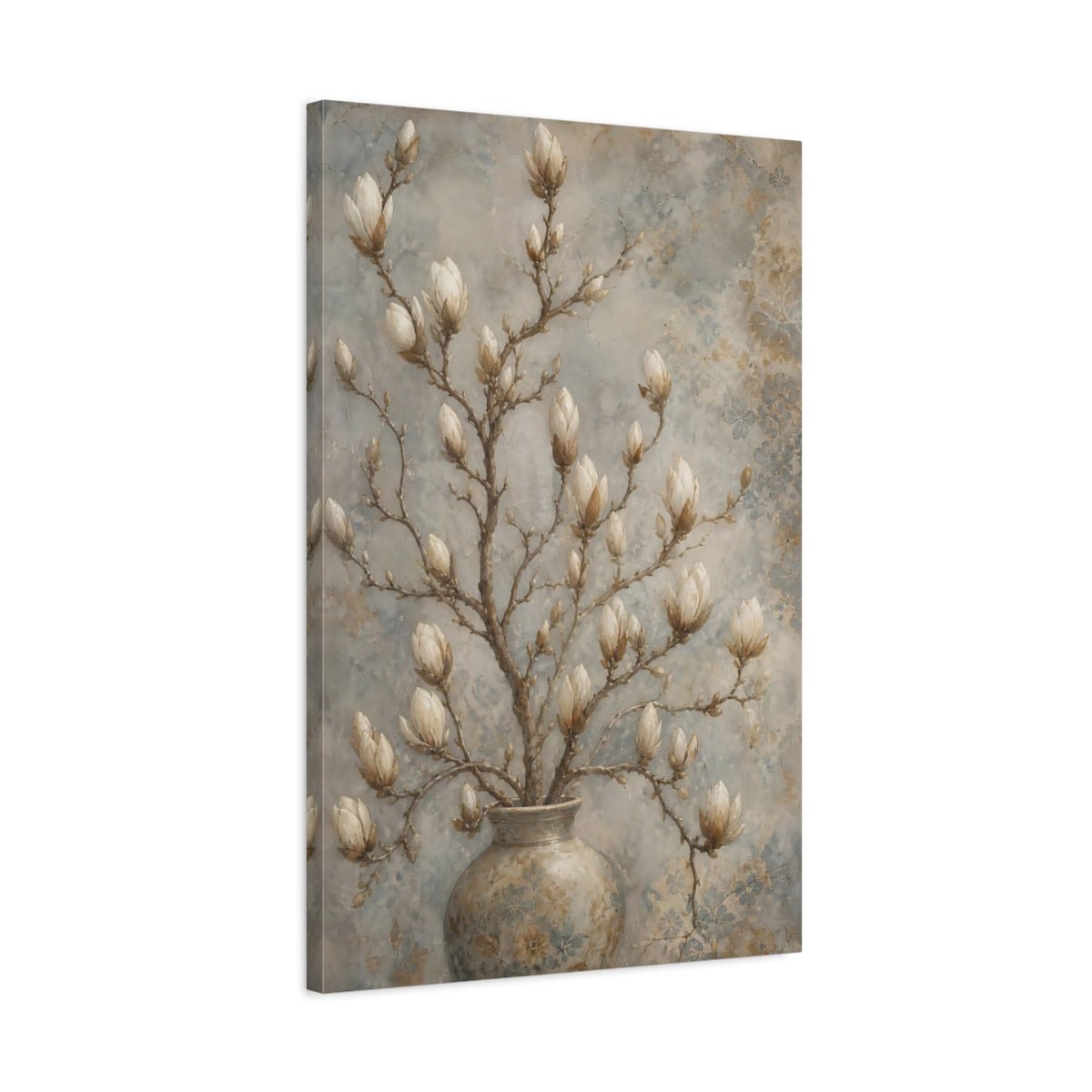 Floral Magnolia Buds Beige Canvas Print – Living Room, Large Wall - YesArtYes