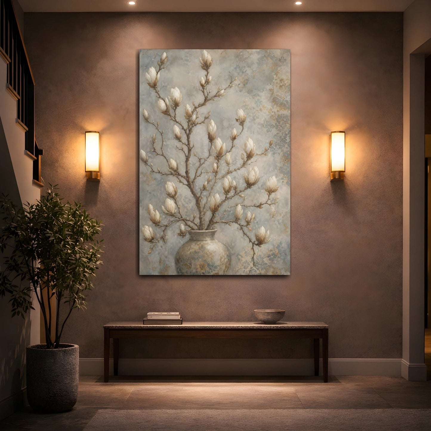 Floral Magnolia Buds Beige Canvas Print – Living Room, Large Wall - YesArtYes