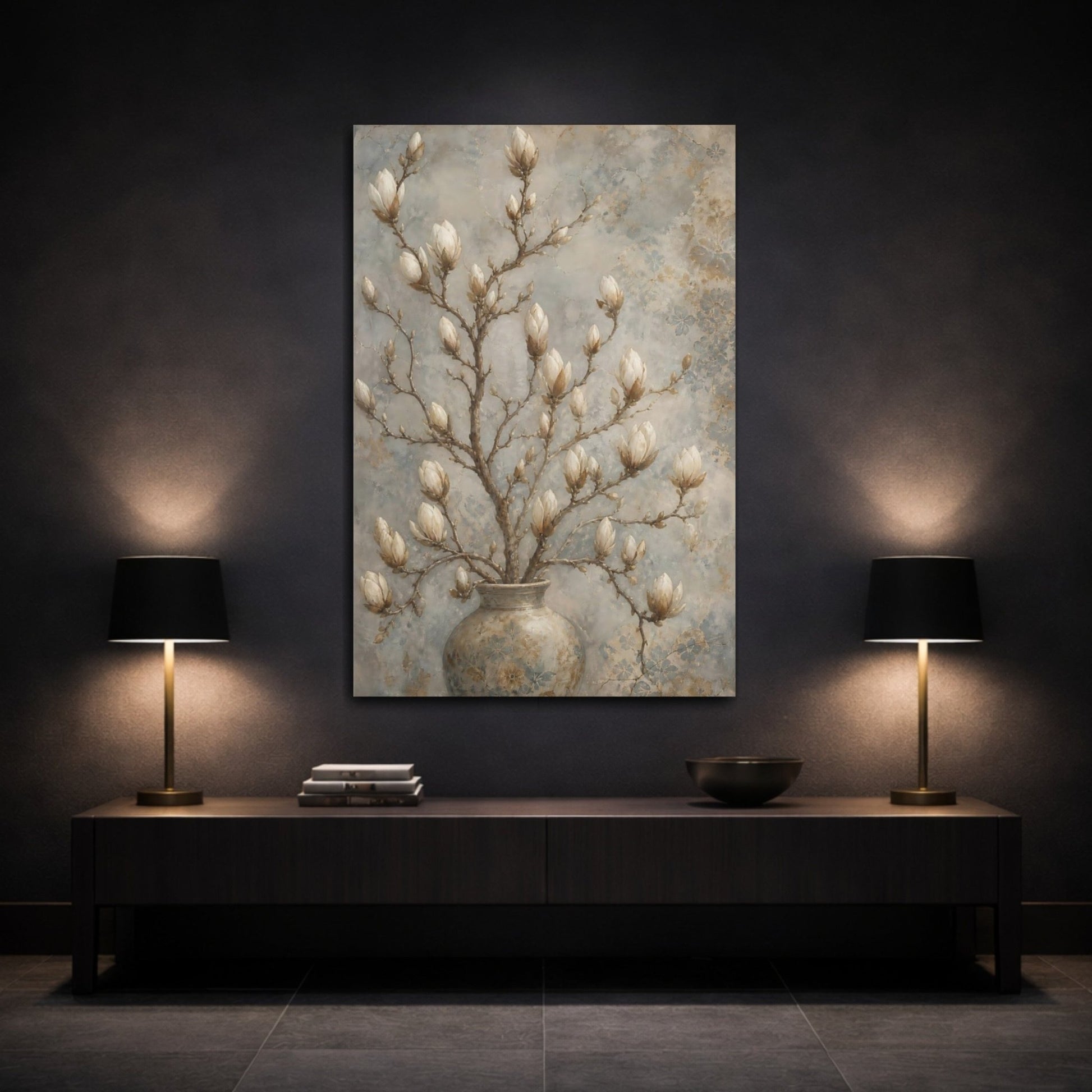 Floral Magnolia Buds Beige Canvas Print – Living Room, Large Wall - YesArtYes