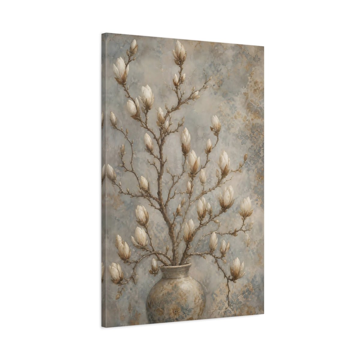 Floral Magnolia Buds Beige Canvas Print – Living Room, Large Wall - YesArtYes