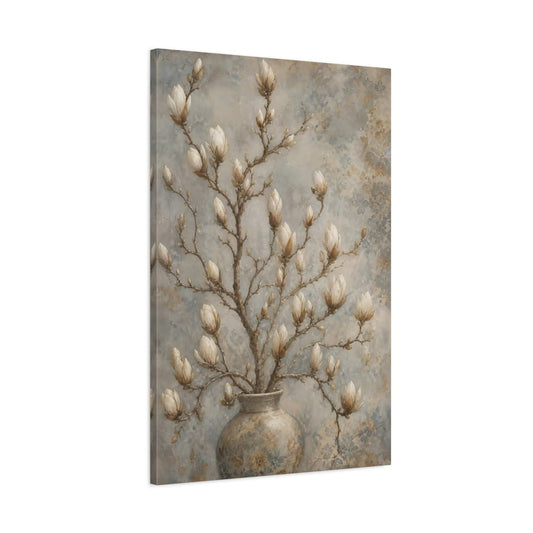 Floral Magnolia Buds Beige Canvas Print – Living Room, Large Wall - YesArtYes
