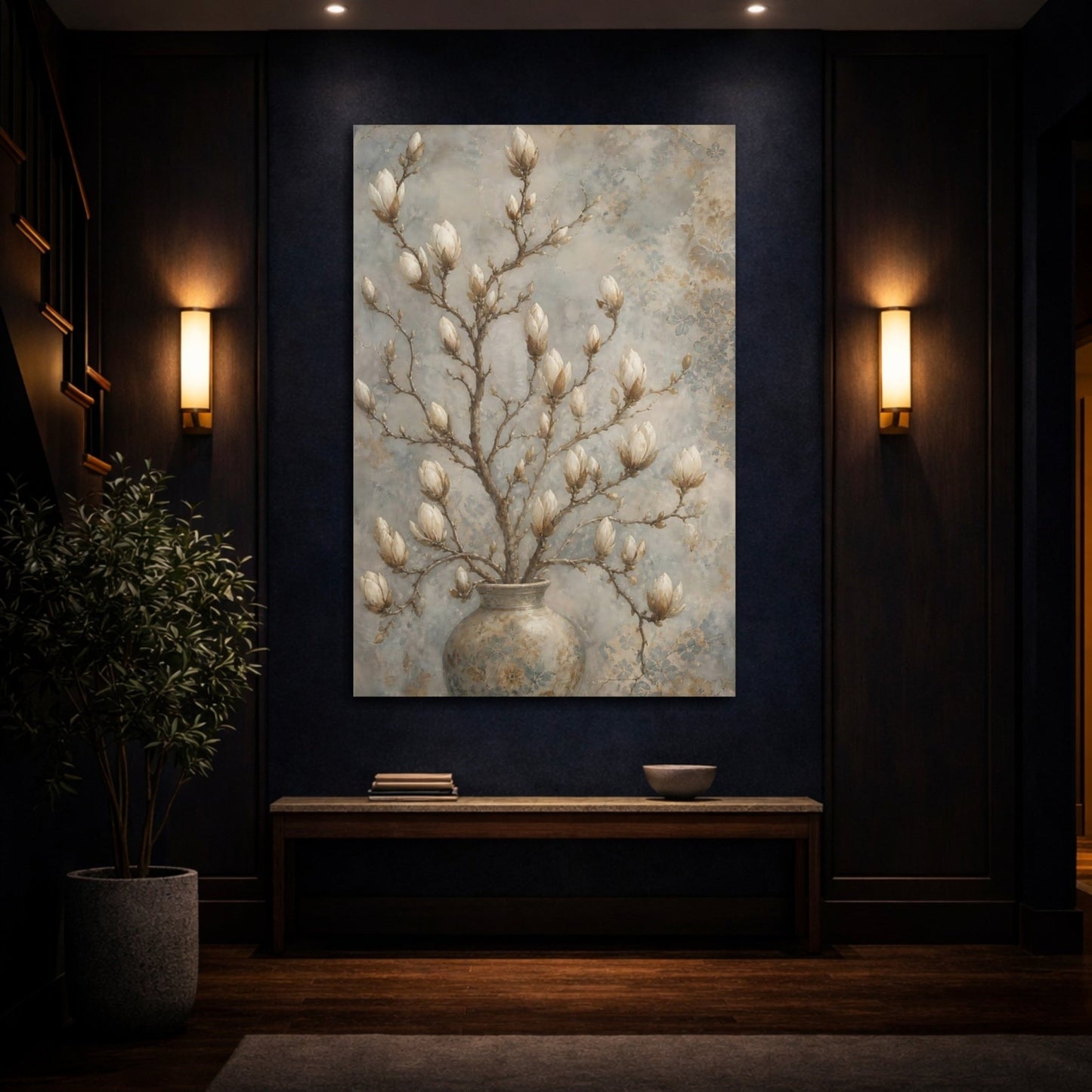 Floral Magnolia Buds Beige Canvas Print – Living Room, Large Wall - YesArtYes