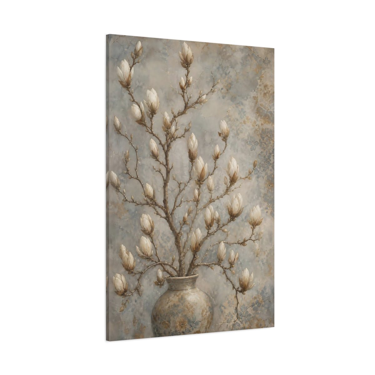 Floral Magnolia Buds Beige Canvas Print – Living Room, Large Wall - YesArtYes