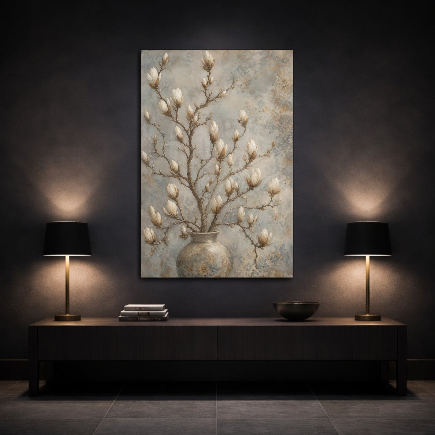 Mockup 3. Floral Magnolia Buds Beige Magnolia shown as canvas print