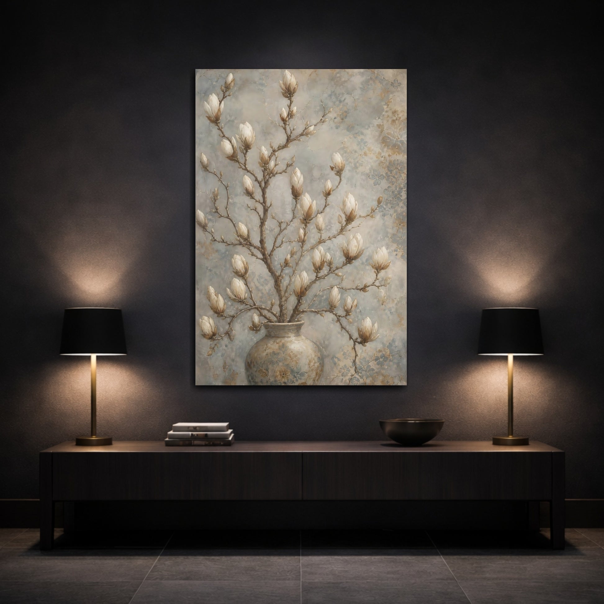 Mockup 3. Floral Magnolia Buds Beige Magnolia shown as canvas print