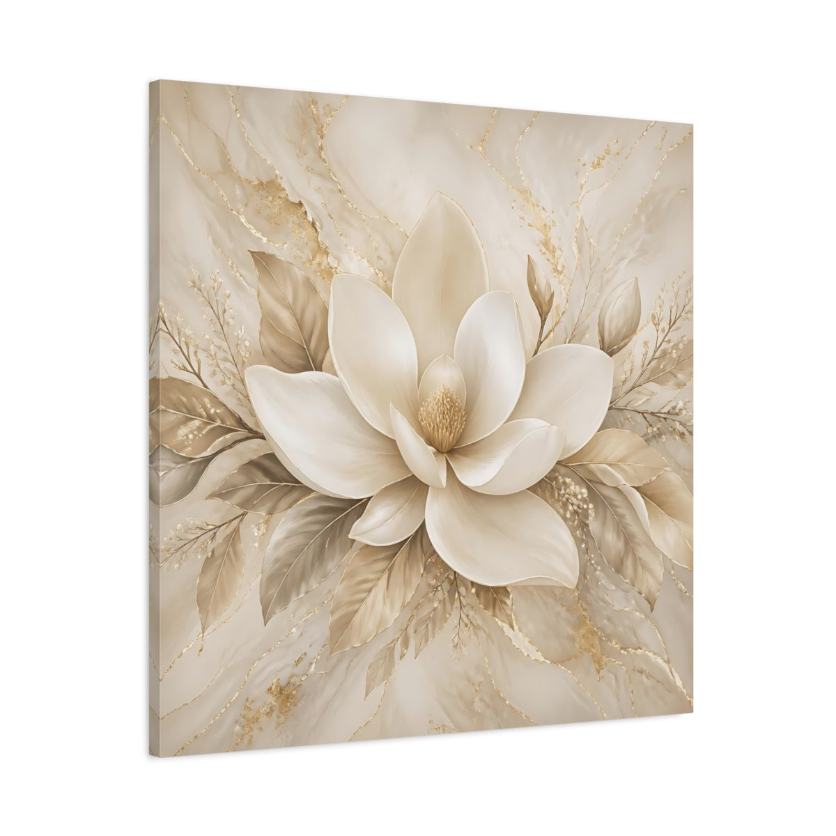 Main Mockup. Floral Magnolia Flower Beige And Gold shown as stretched canvas wall art