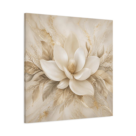 Main Mockup. Floral Magnolia Flower Beige And Gold shown as stretched canvas wall art