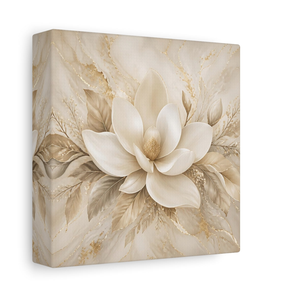 Side Mockup 2. Floral Magnolia Flower Beige And Gold shown as stretched canvas wall art