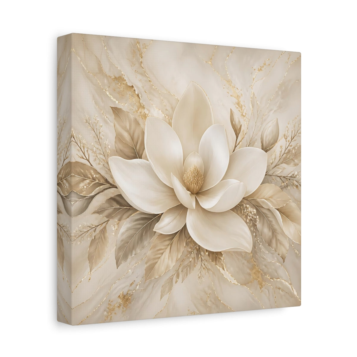 Side Mockup 9. Floral Magnolia Flower Beige And Gold shown as stretched canvas wall art