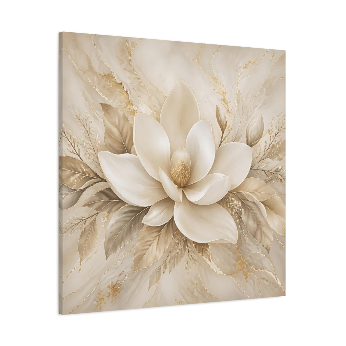 Side Mockup 1. Floral Magnolia Flower Beige And Gold shown as stretched canvas wall art