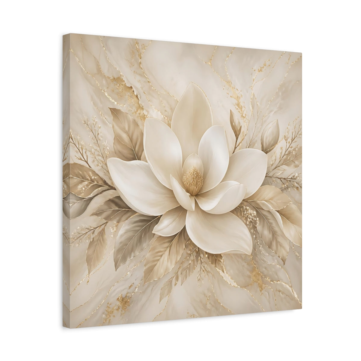 Side Mockup 5. Floral Magnolia Flower Beige And Gold shown as stretched canvas wall art