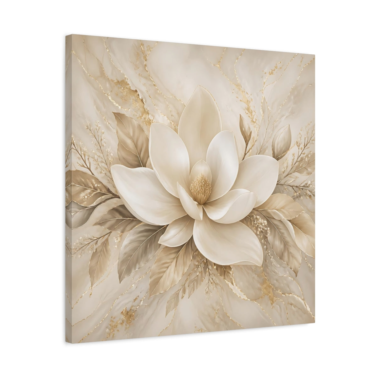 Side Mockup 4. Floral Magnolia Flower Beige And Gold shown as stretched canvas wall art
