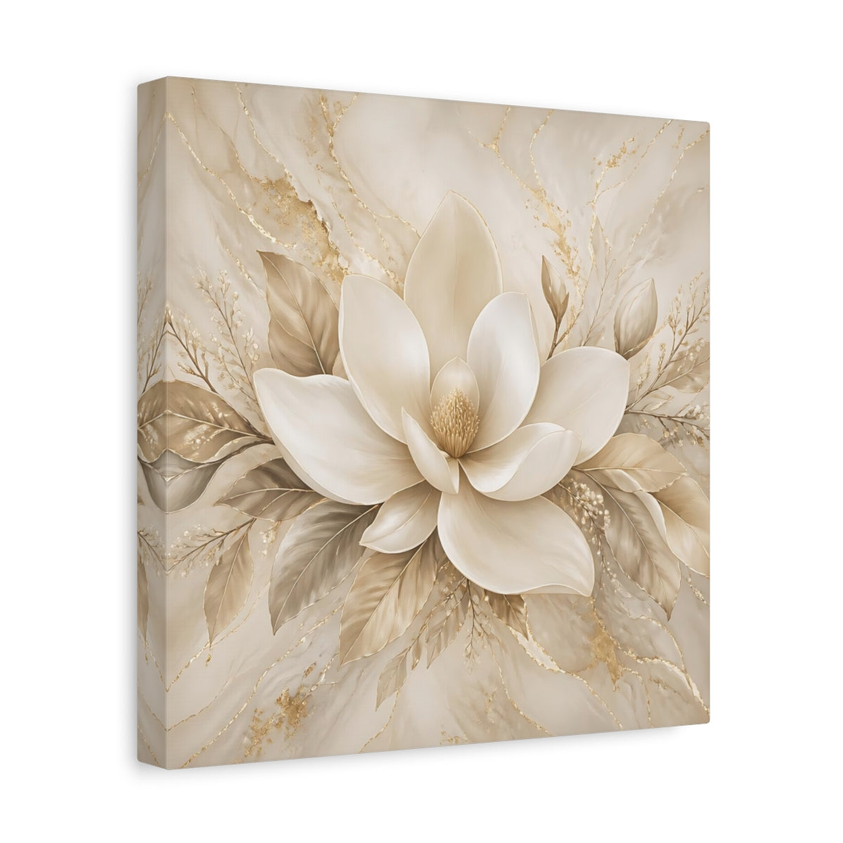 Side Mockup 8. Floral Magnolia Flower Beige And Gold shown as stretched canvas wall art