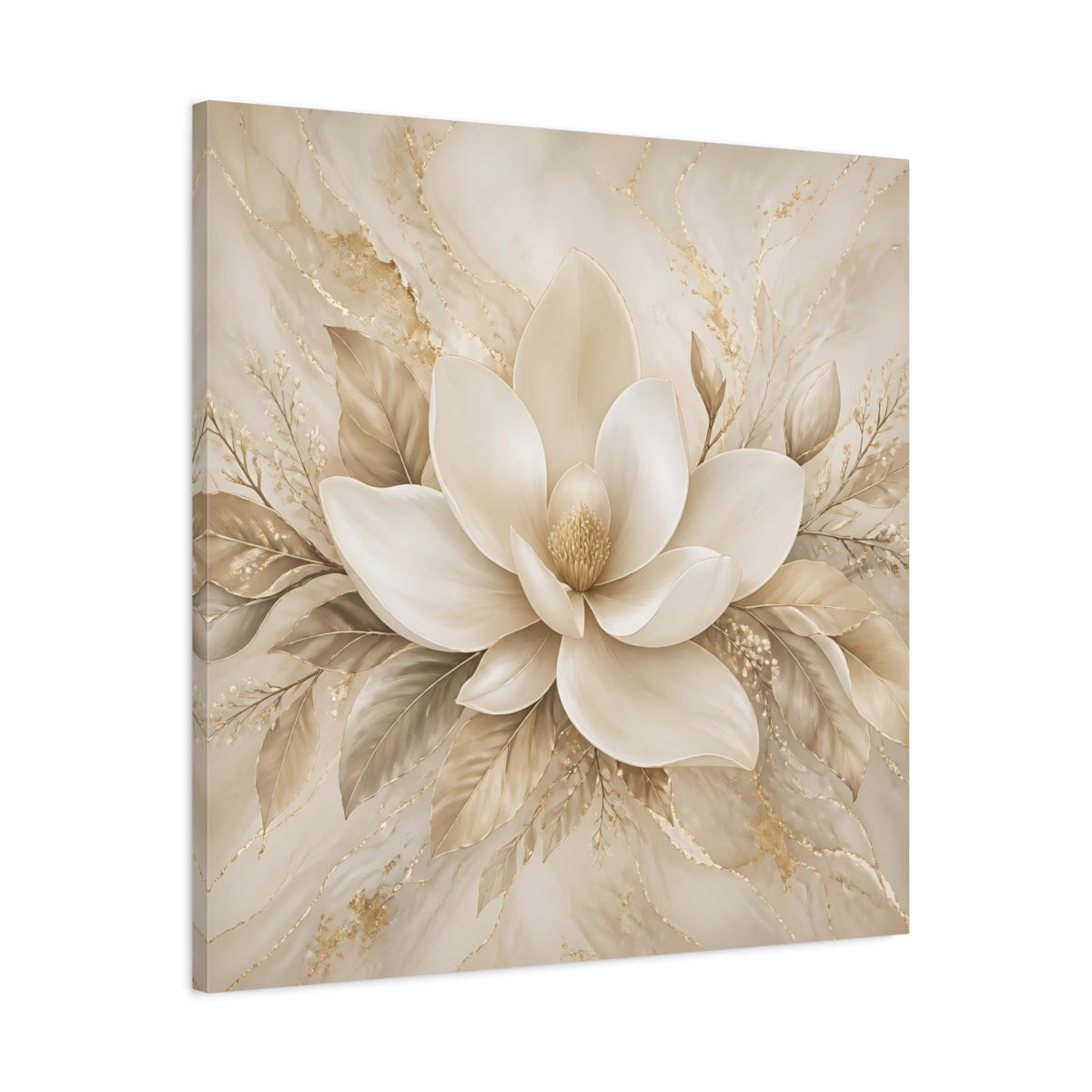 Side Mockup 3. Floral Magnolia Flower Beige And Gold shown as stretched canvas wall art