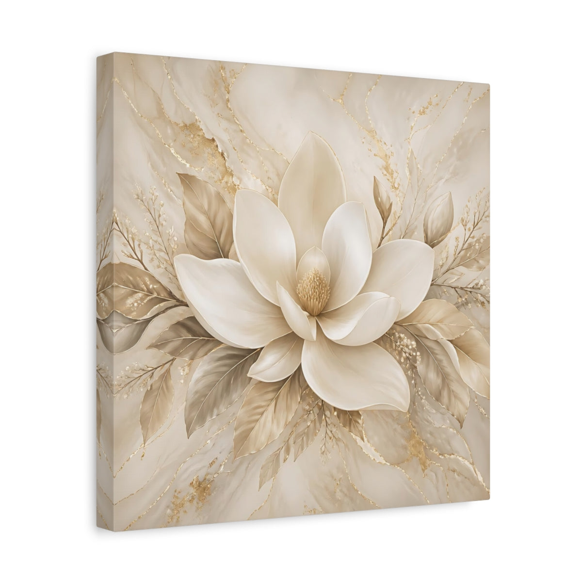 Side Mockup 7. Floral Magnolia Flower Beige And Gold shown as stretched canvas wall art