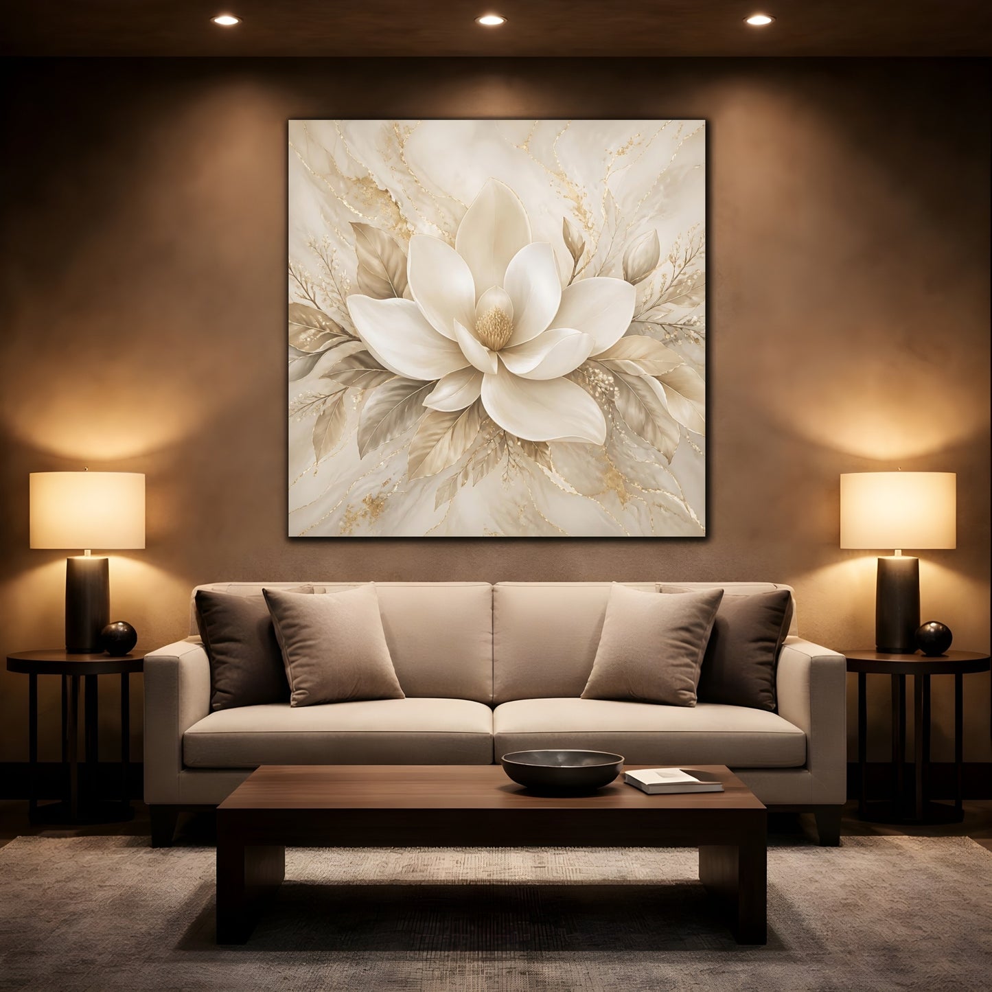 Mockup 2. Floral Magnolia Flower Beige And Gold shown as stretched canvas wall art