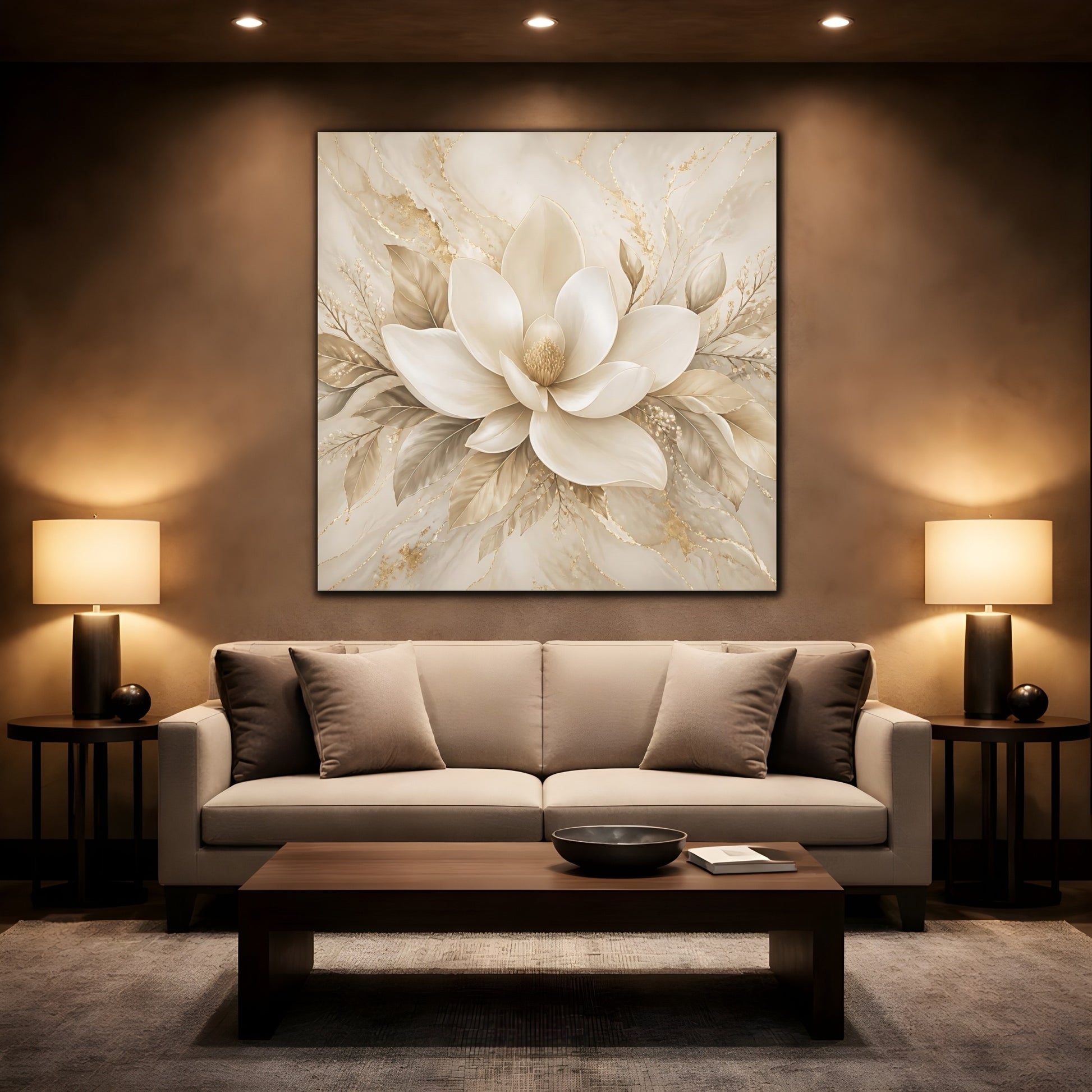 Mockup 2. Floral Magnolia Flower Beige And Gold shown as stretched canvas wall art