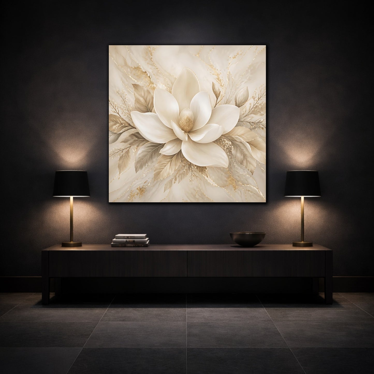 Mockup 3. Floral Magnolia Flower Beige And Gold shown as stretched canvas wall art