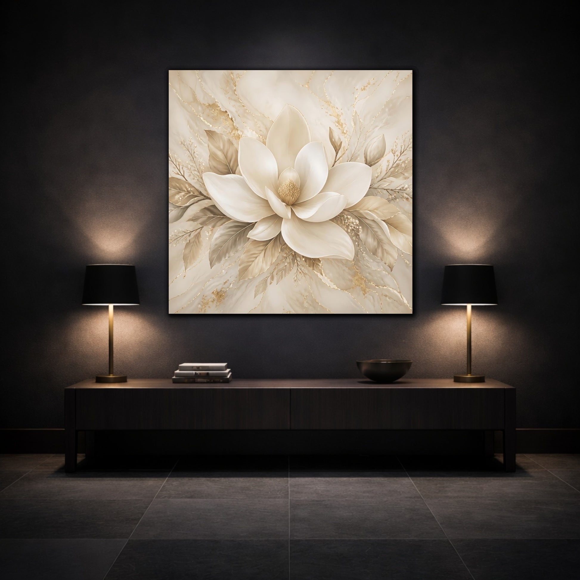 Mockup 3. Floral Magnolia Flower Beige And Gold shown as stretched canvas wall art