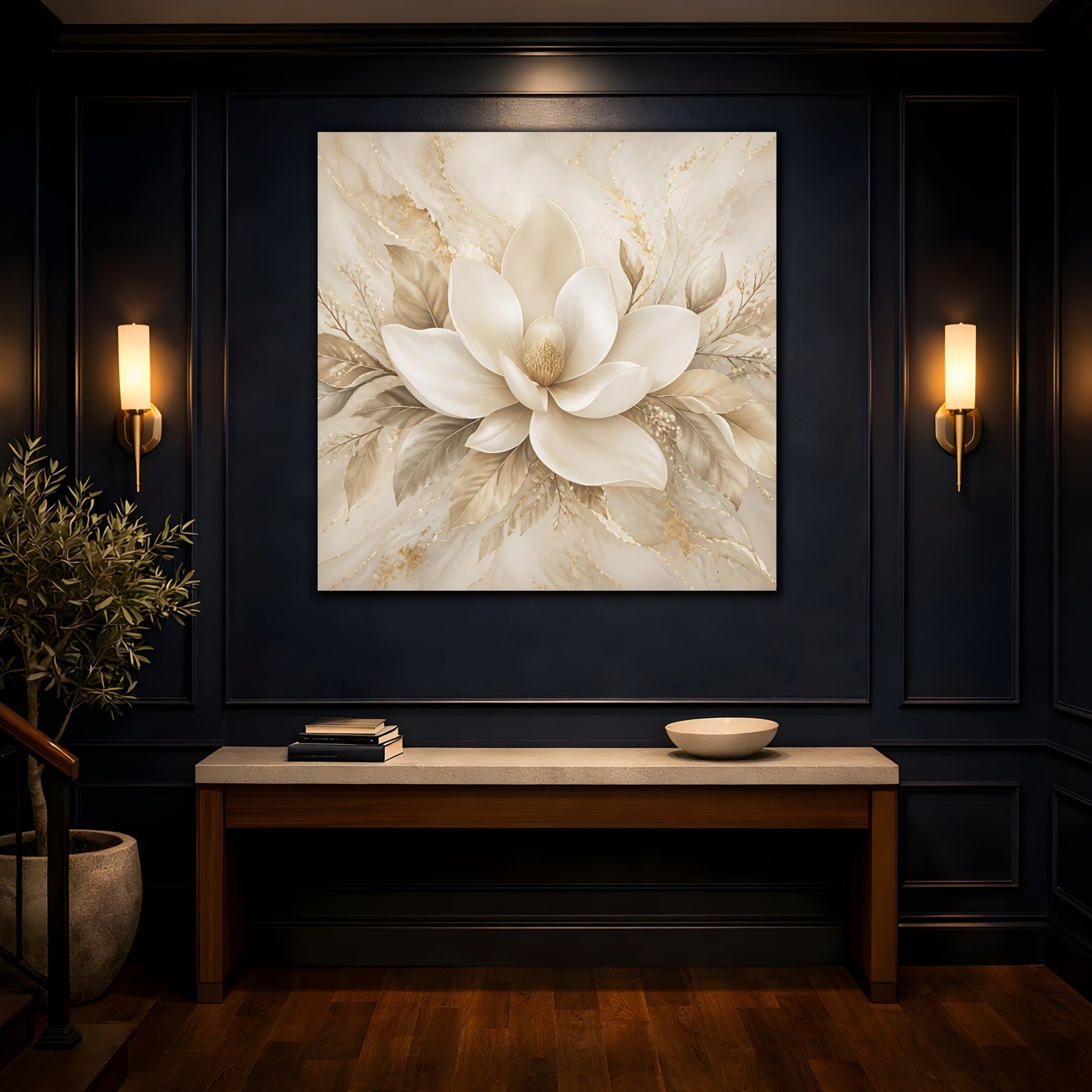 Mockup 4. Floral Magnolia Flower Beige And Gold shown as stretched canvas wall art