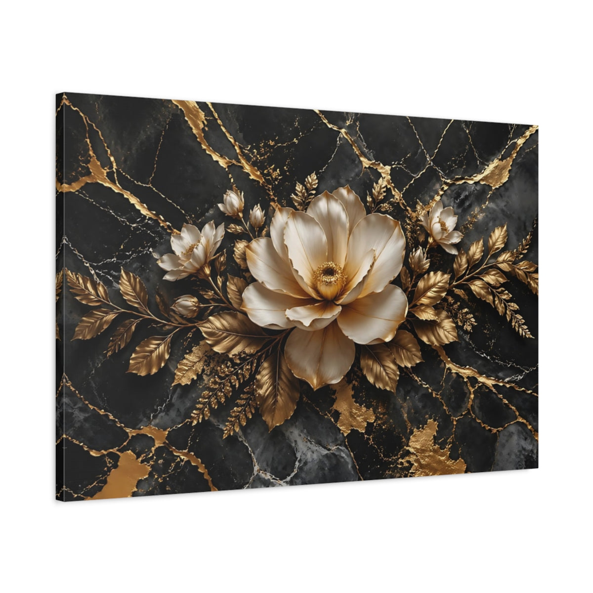 Main Mockup. Floral Magnolia Flower Black And Gold shown as stretched canvas wall art
