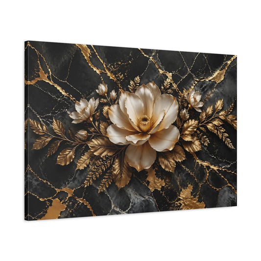 Main Mockup. Floral Magnolia Flower Black And Gold shown as stretched canvas wall art