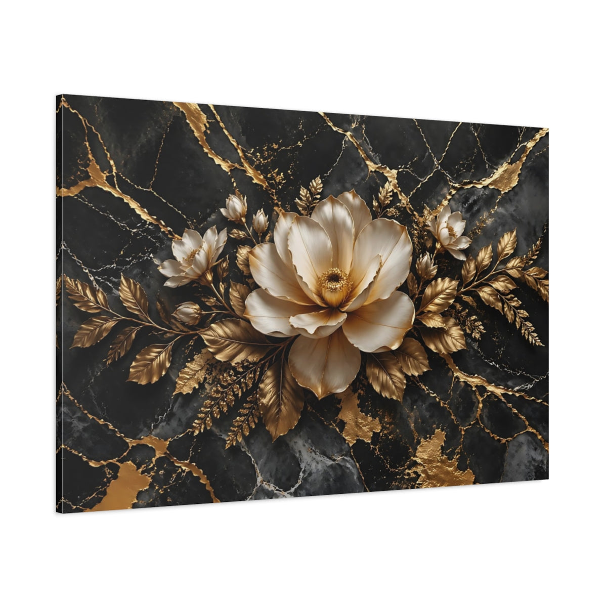 Side Mockup 1. Floral Magnolia Flower Black And Gold shown as stretched canvas wall art
