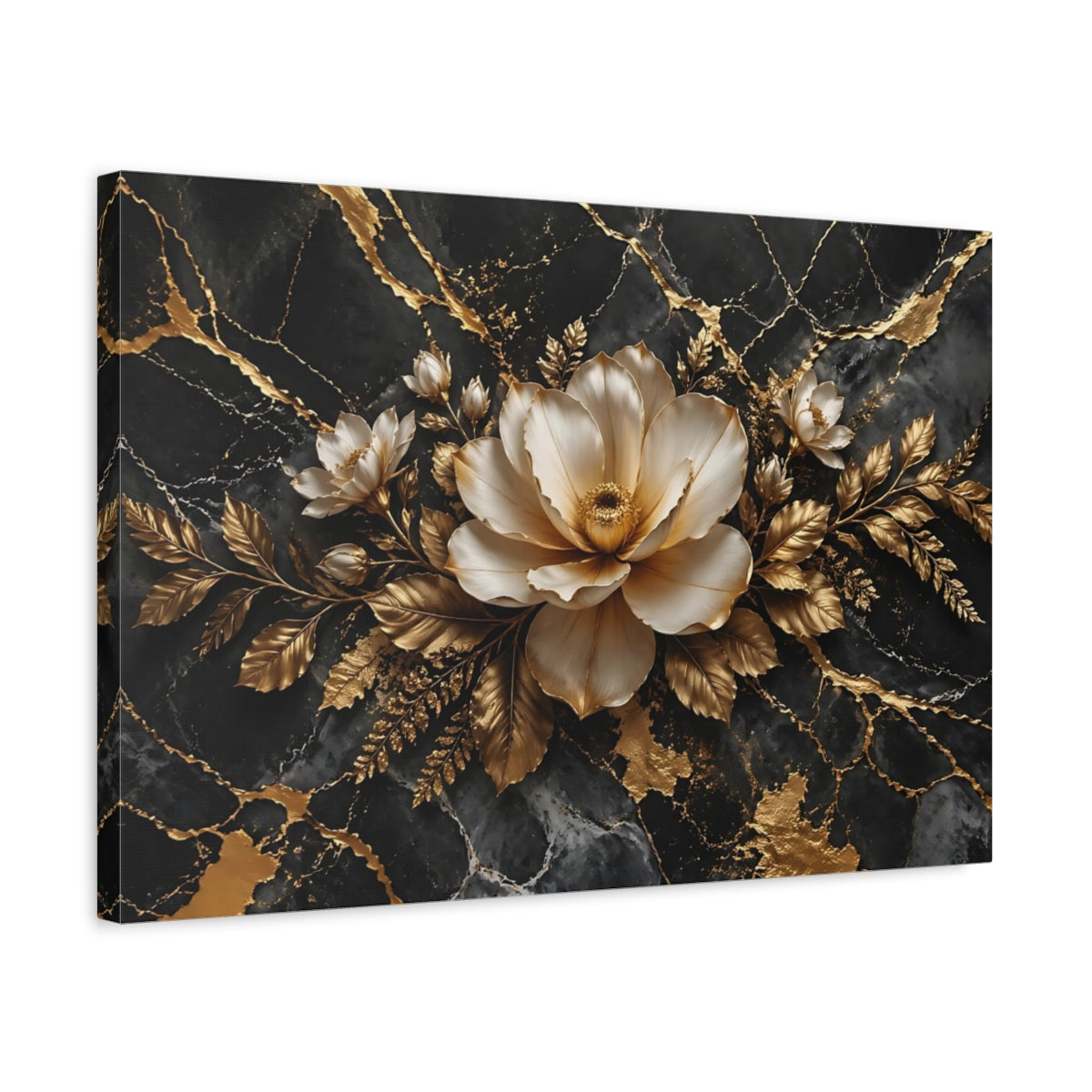 Side Mockup 3. Floral Magnolia Flower Black And Gold shown as stretched canvas wall art