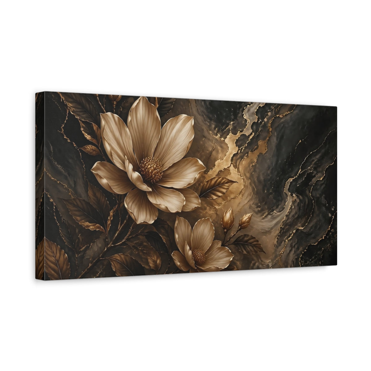 Side Mockup 3. Floral Magnolia Flower Black And Gold Floral shown as stretched canvas wall art