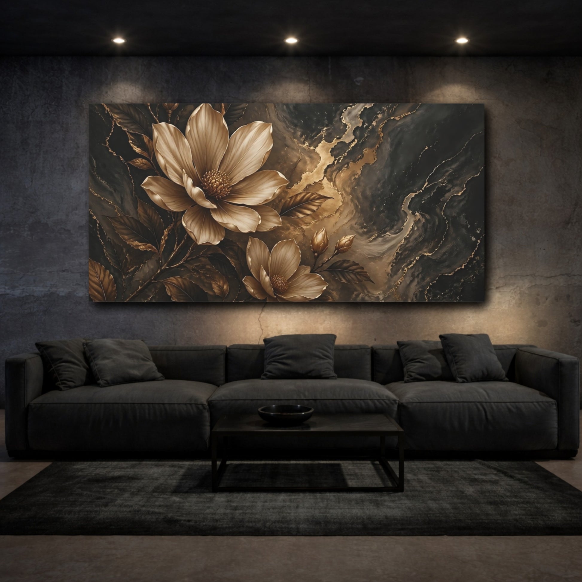 Mockup 2. Floral Magnolia Flower Black And Gold Floral shown as stretched canvas wall art