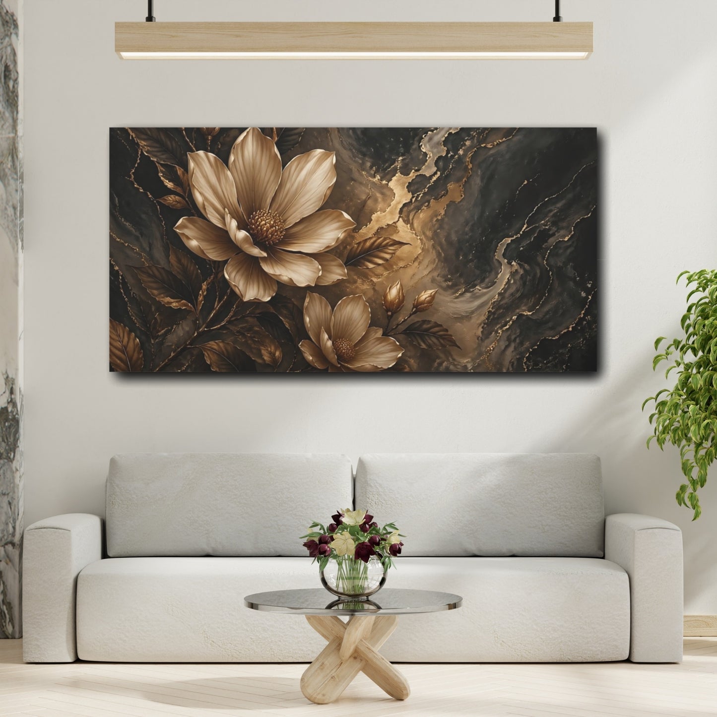 Mockup 3. Floral Magnolia Flower Black And Gold Floral shown as stretched canvas wall art