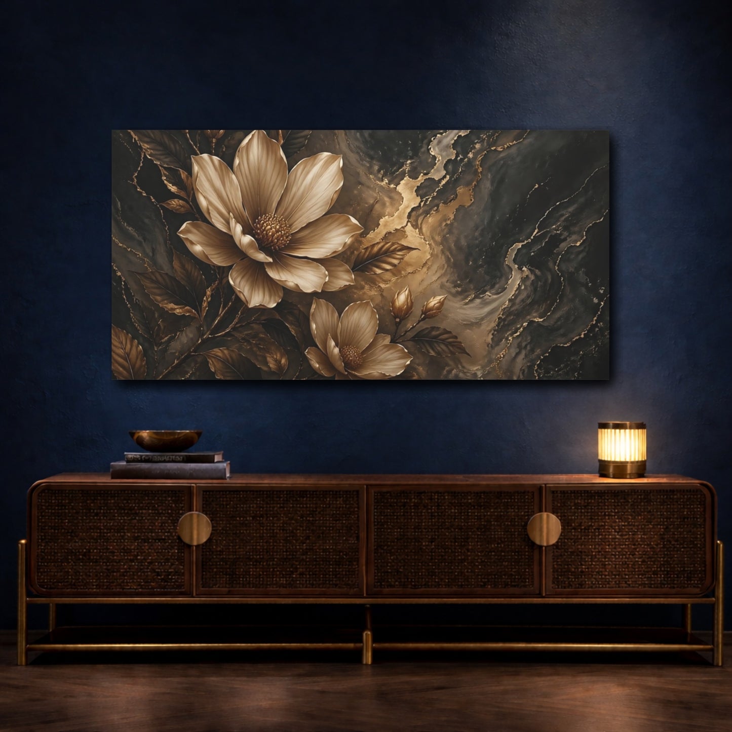 Mockup 4. Floral Magnolia Flower Black And Gold Floral shown as stretched canvas wall art