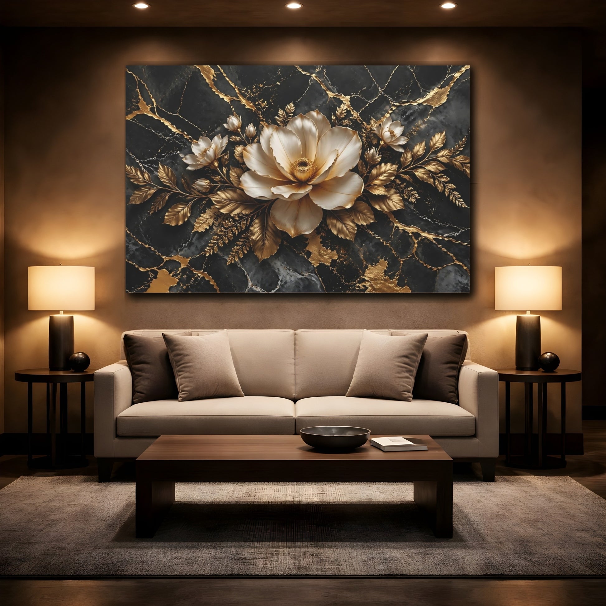 Mockup 2. Floral Magnolia Flower Black And Gold shown as stretched canvas wall art