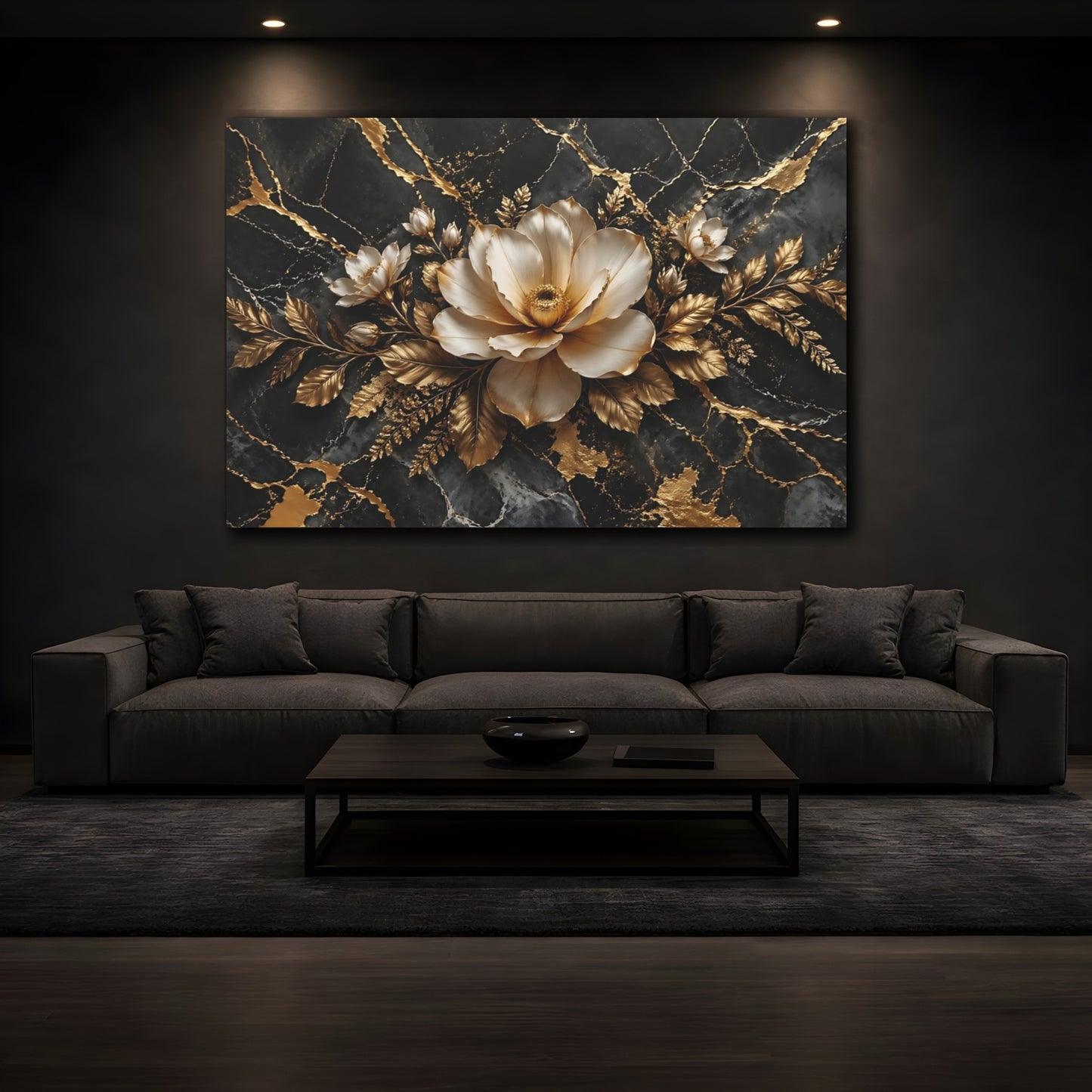Mockup 3. Floral Magnolia Flower Black And Gold shown as stretched canvas wall art