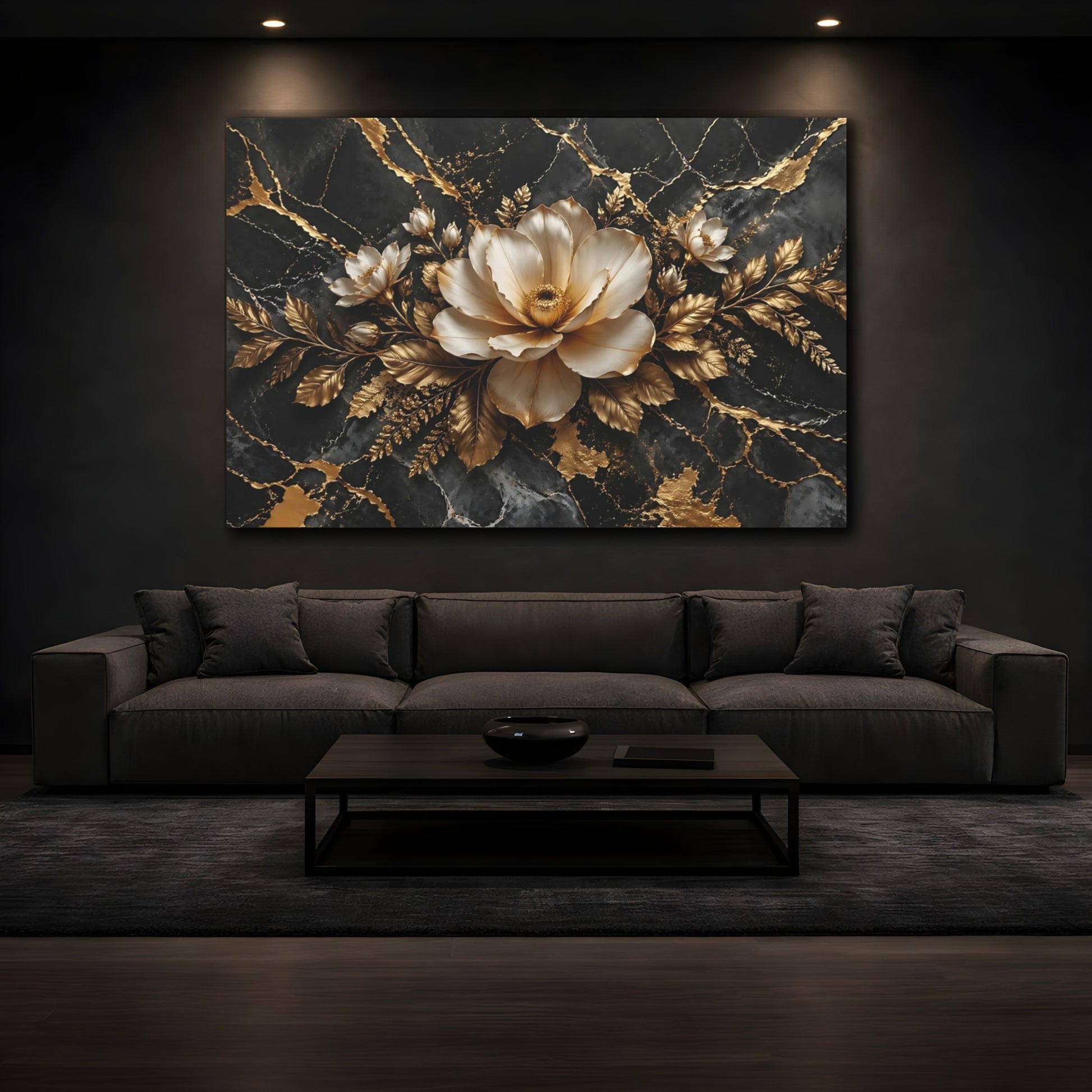 Mockup 3. Floral Magnolia Flower Black And Gold shown as stretched canvas wall art