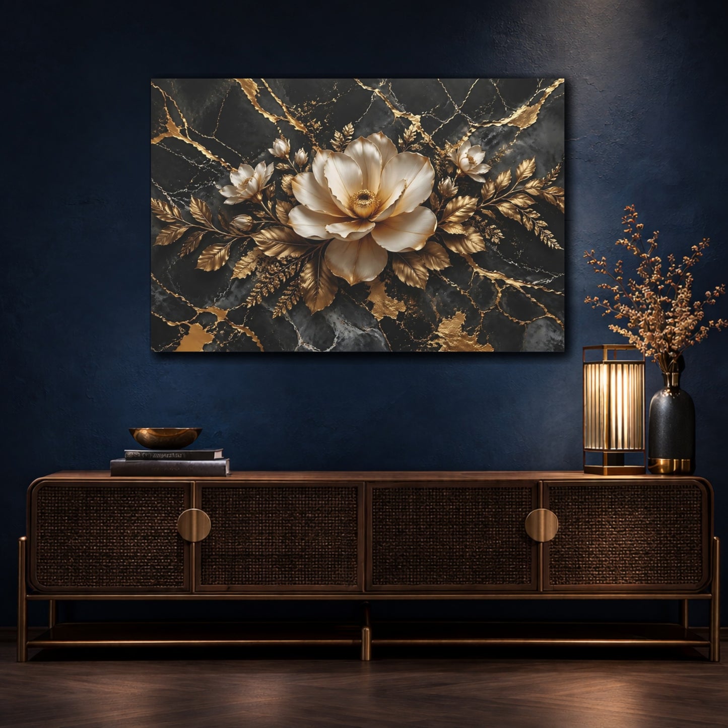 Mockup 4. Floral Magnolia Flower Black And Gold shown as stretched canvas wall art