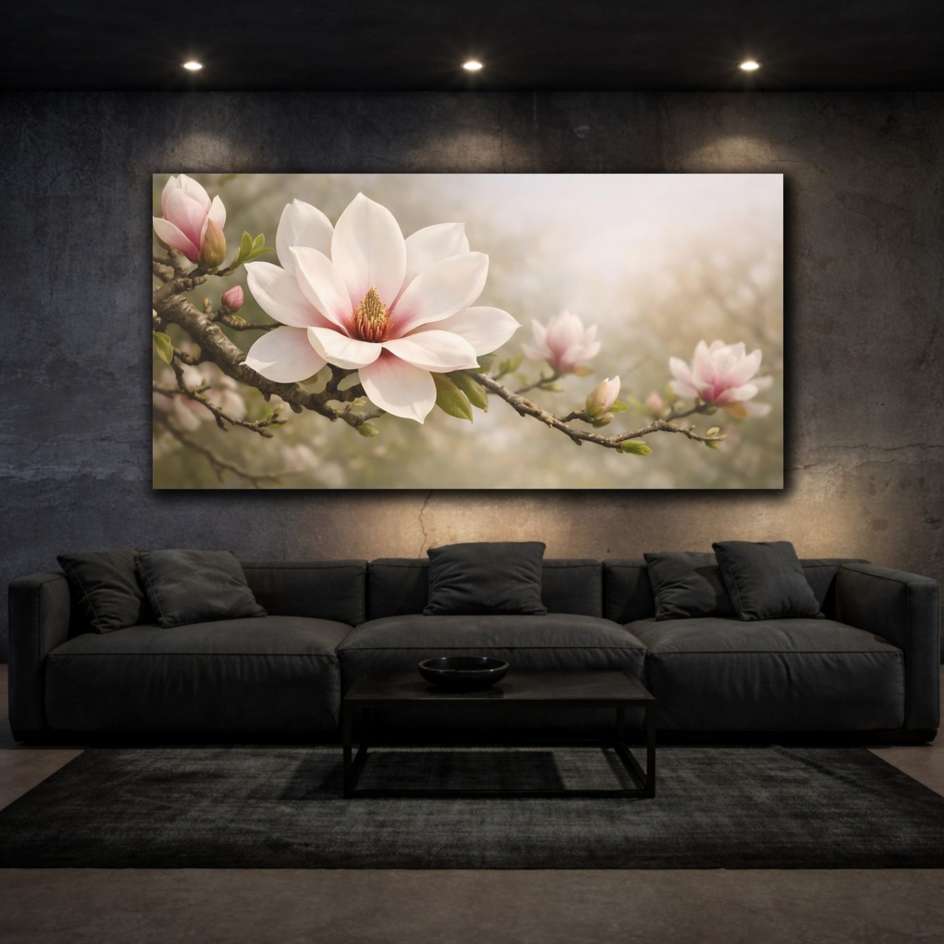 Mockup 2. Floral Magnolia Flower Pink Magnolia shown as stretched canvas wall art