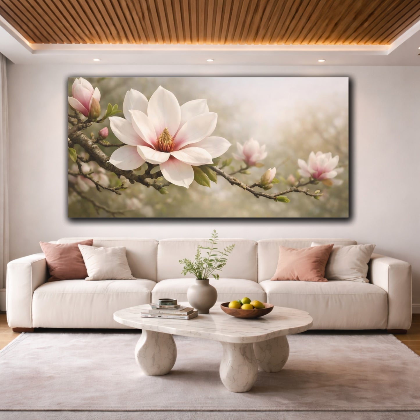 Mockup 3. Floral Magnolia Flower Pink Magnolia shown as stretched canvas wall art
