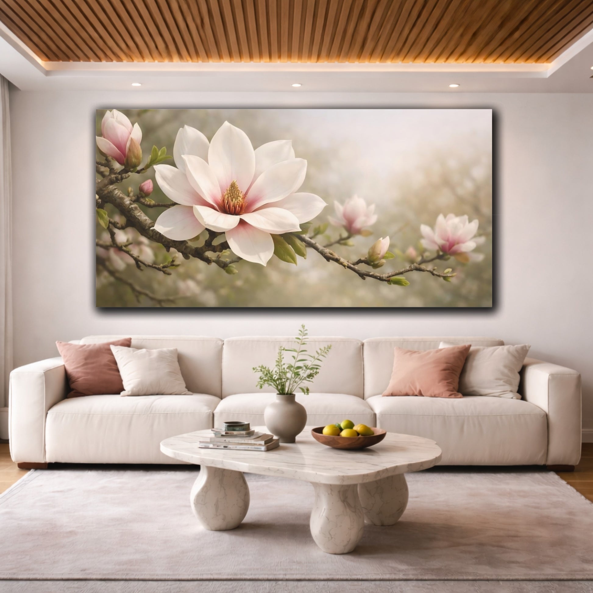 Mockup 3. Floral Magnolia Flower Pink Magnolia shown as stretched canvas wall art