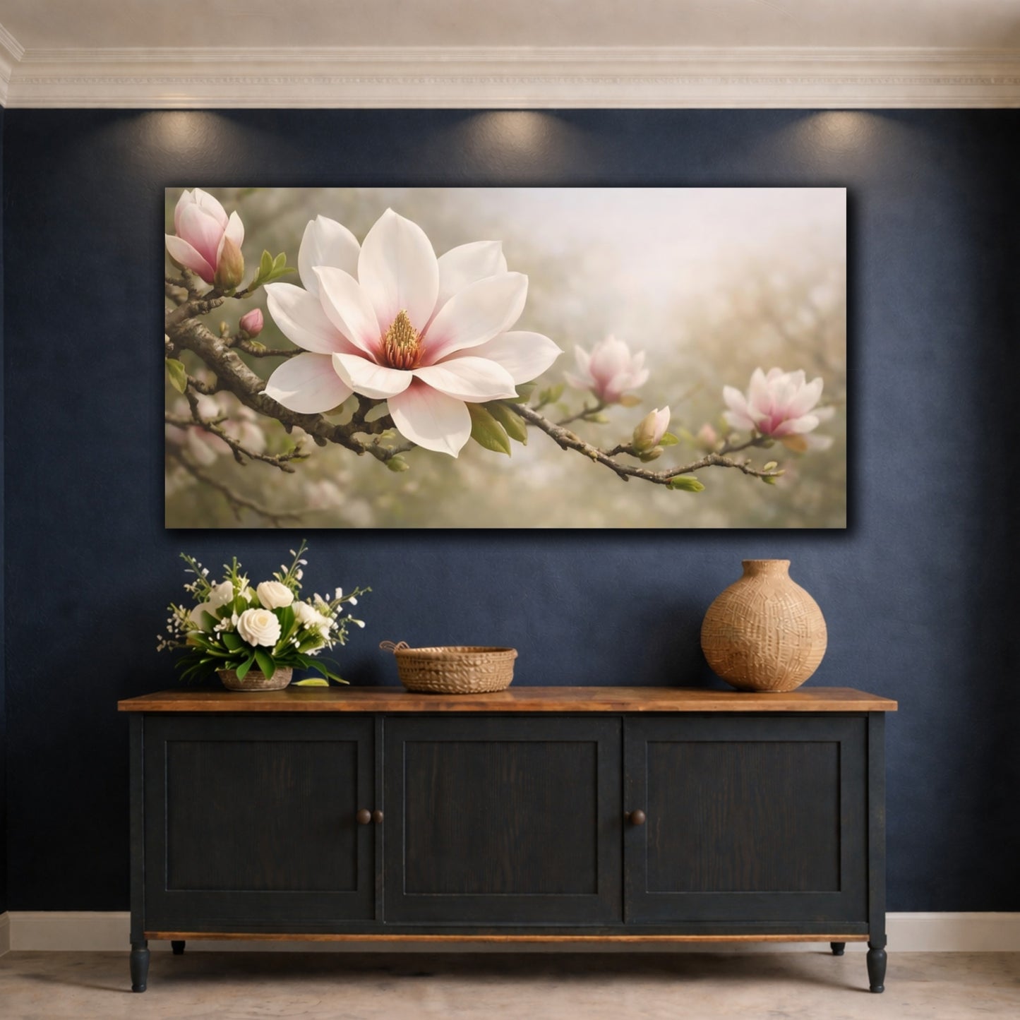 Mockup 4. Floral Magnolia Flower Pink Magnolia shown as stretched canvas wall art