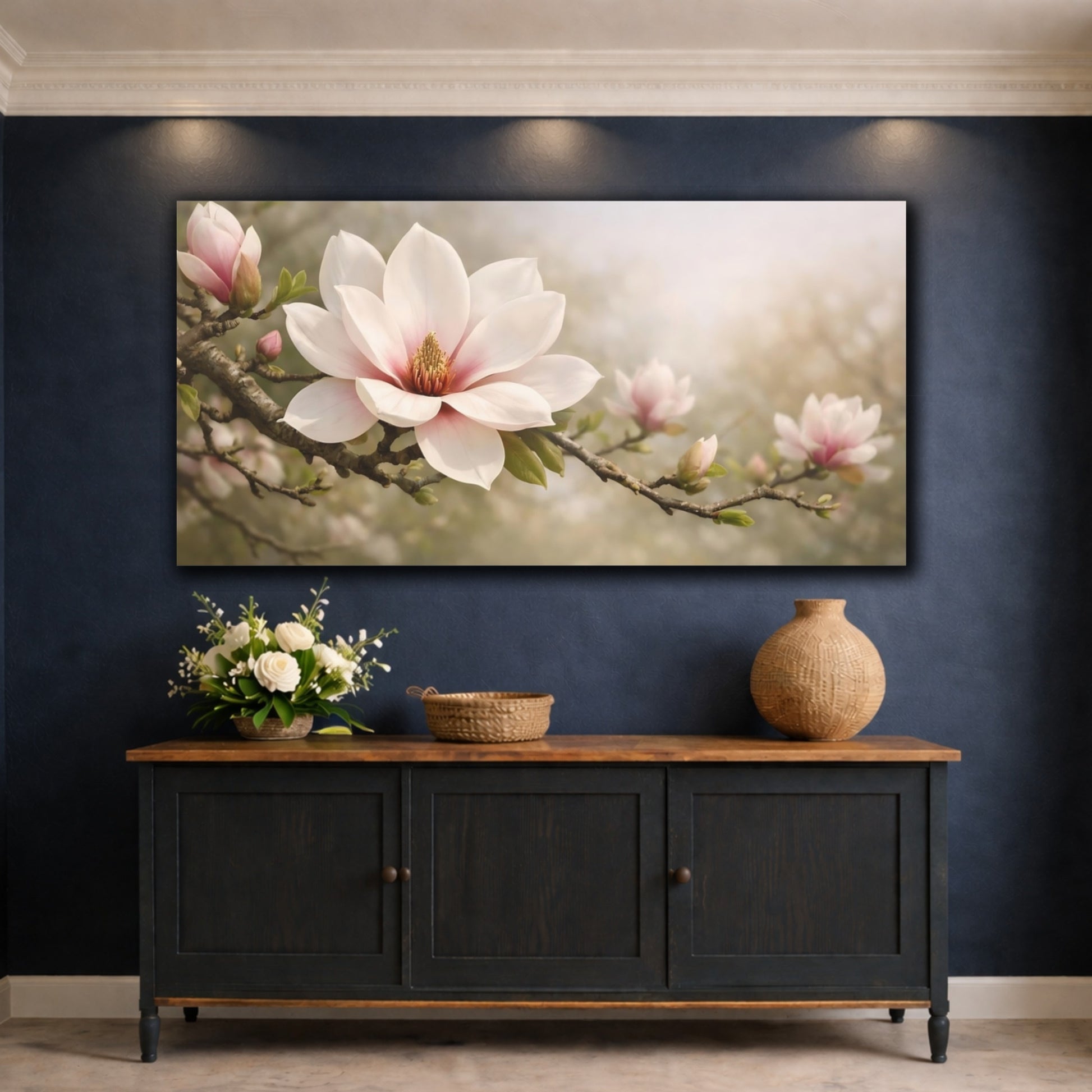 Mockup 4. Floral Magnolia Flower Pink Magnolia shown as stretched canvas wall art