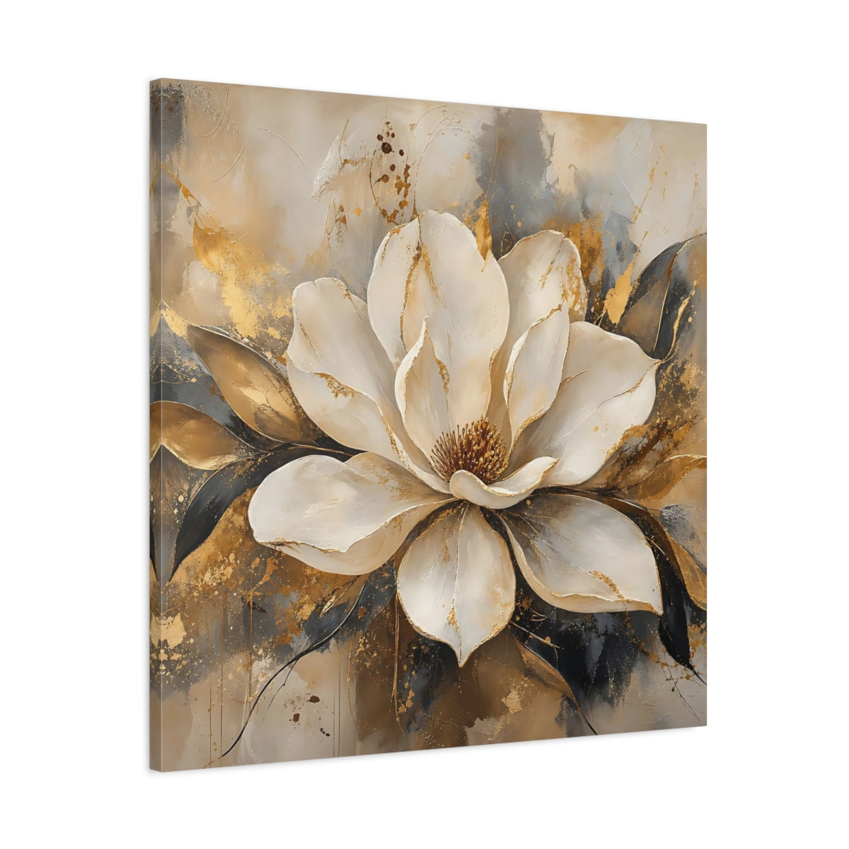 Side Mockup 3. Floral Magnolia Flower White Gold Floral shown as stretched canvas wall art