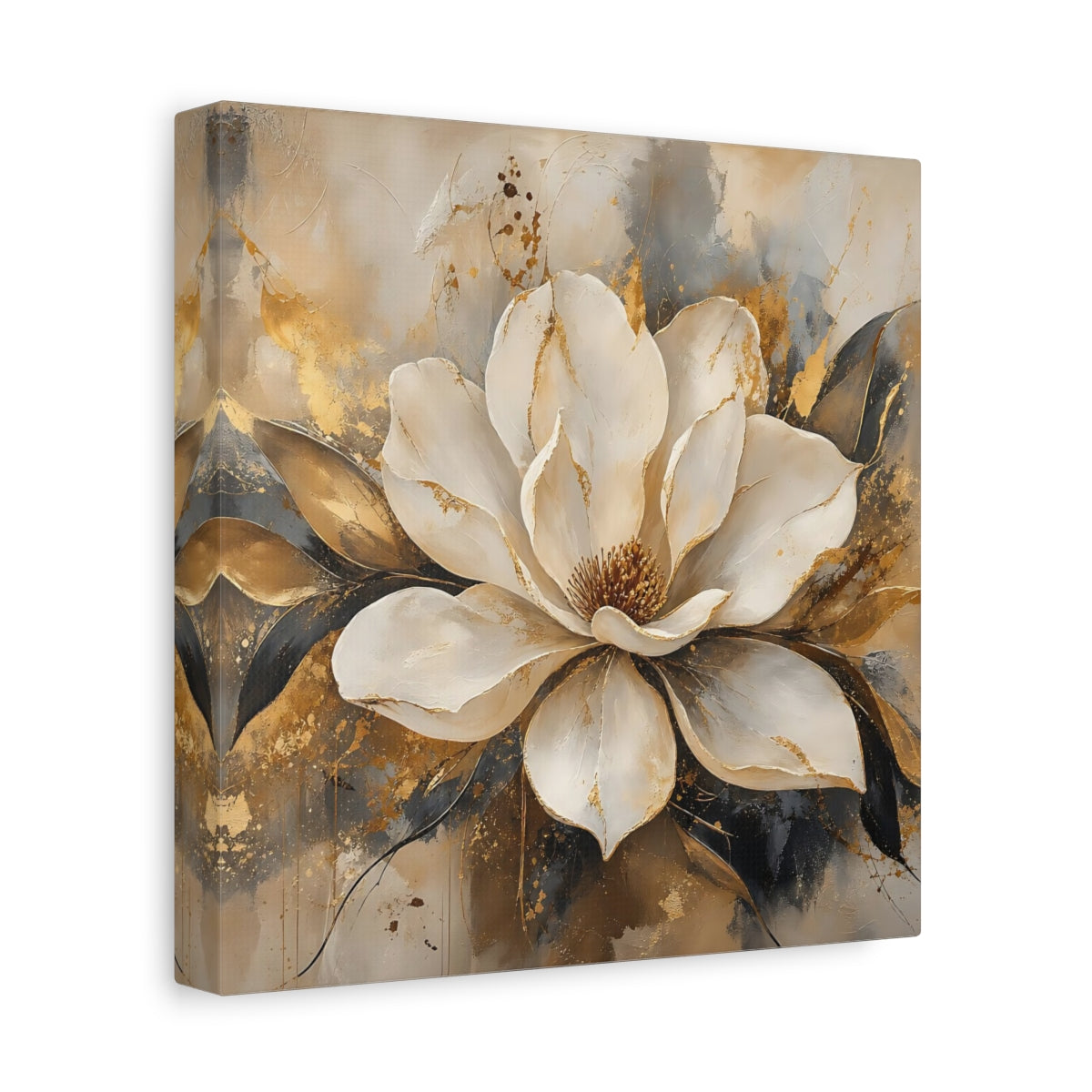 Side Mockup 9. Floral Magnolia Flower White Gold Floral shown as stretched canvas wall art