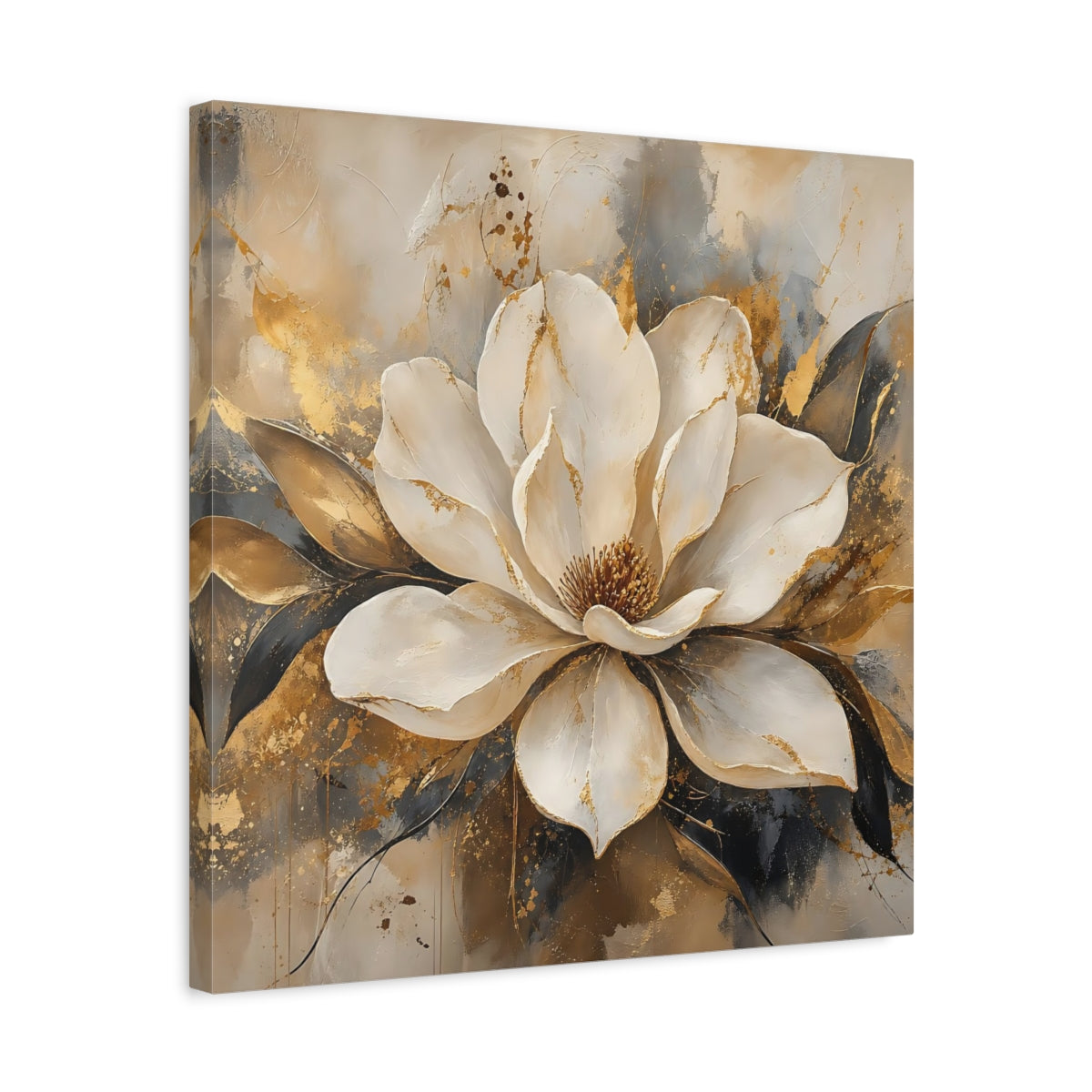 Side Mockup 5. Floral Magnolia Flower White Gold Floral shown as stretched canvas wall art
