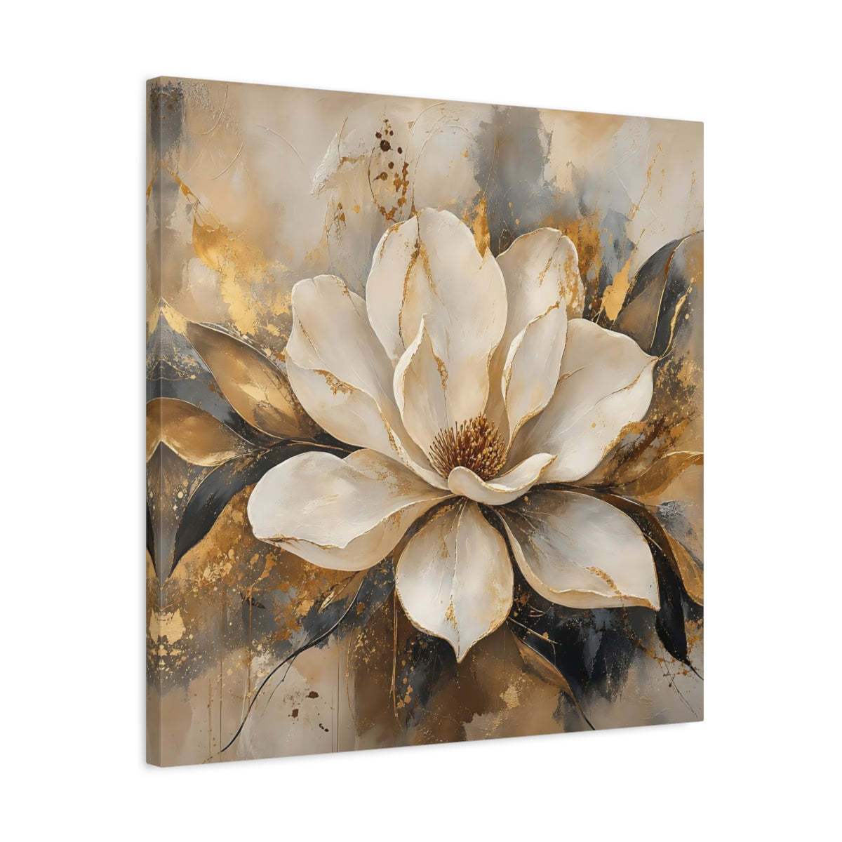 Side Mockup 4. Floral Magnolia Flower White Gold Floral shown as stretched canvas wall art