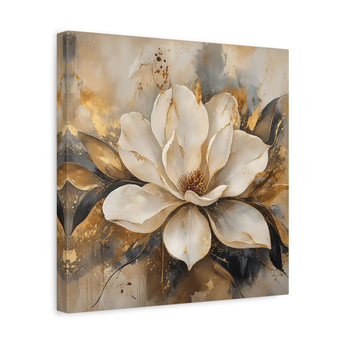 Side Mockup 7. Floral Magnolia Flower White Gold Floral shown as stretched canvas wall art