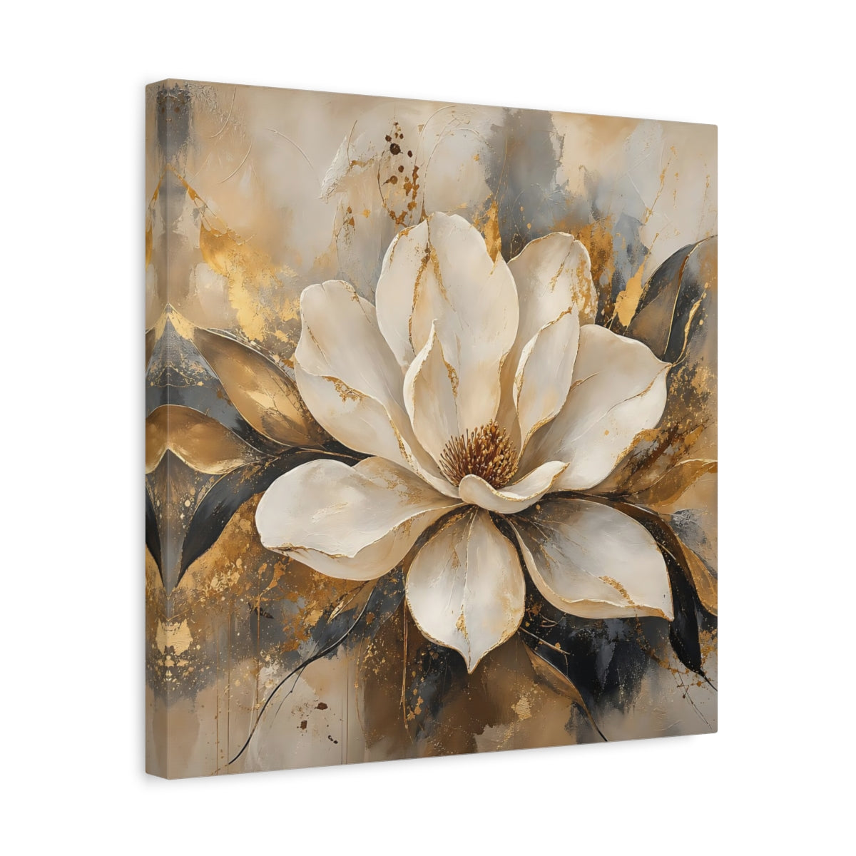 Side Mockup 6. Floral Magnolia Flower White Gold Floral shown as stretched canvas wall art