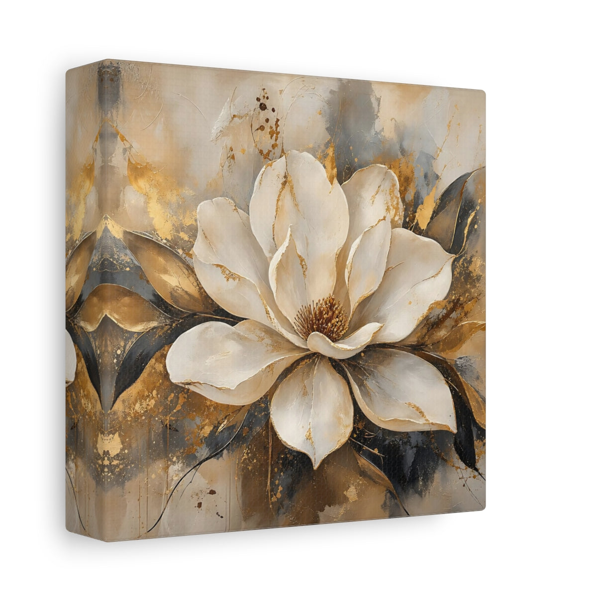 Side Mockup 2. Floral Magnolia Flower White Gold Floral shown as stretched canvas wall art